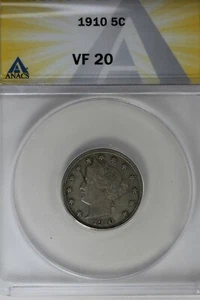 1910 .05 ANACS VF 20 Liberty Nickel, V Nickel, 5 Cent Piece - Picture 1 of 2
