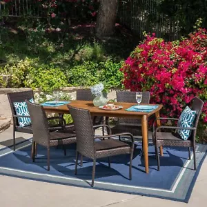 Livio Outdoor 7 Piece Multibrown Wicker Dining Set with Teak Finish Rectangular - Picture 1 of 8