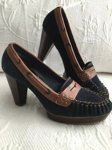 Tommy Hilfiger 8M Navy Suede Leather/Tan Trim LoaferStyle Plateau Heels Pump - Bild 1 von 10