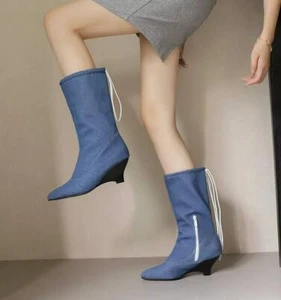 Womens Pointed Toe Wedge Heel Ankle Boots Denim Chelsea High Heel Shoes Pump - Picture 1 of 13