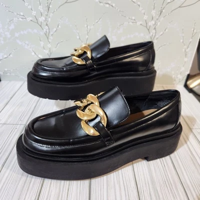 H&M Gold Chain-detail Black Chunky Platform Slip-on Women's Vegan Loafers US-8.5 - Image 1 of 4