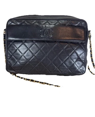 CHANEL Black Lambskin Matelasse Vtg CC Camera Bag Double 24K Gold Straps Large - Image 1 of 4
