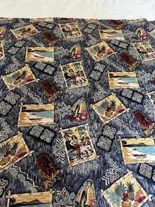 2 Yards 44" W Hawaiian Print Fabric Hulu Dancer, Boat, Pinneapple Blue Ground - Picture 1 of 16