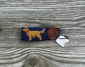 Smathers & Branson Needlepoint Leather Blue Golden Retriever Key Fob Keychain - Picture 1 of 3
