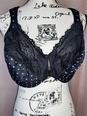 Glamorise 44F 黑色紫色圆点正面闭合弹力蕾丝 Wonderwire 胸罩 1245 — 第 1/4 张图片