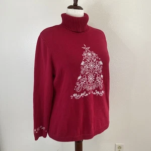 C.j. Banks Red Christmas Sweater. Hand Embroidered. Cotton Turtleneck.  1X W - Picture 1 of 8