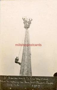 REAL PHOTO POSTCARD MEN WORKING ON BURFORD CHURCH STEEPLE, OXFORDSHIRE BY FOSTER - Picture 1 of 2