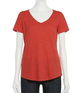 Women XS = Junior M V Neck Red Speckled Sexy T-Shirt Casual Comfort Stretch - Picture 1 of 5