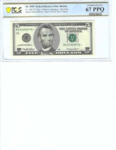 1999 $5 FRN FR1987-A* PCGS Bnk 67 PPQ, Boston * Note S/N A01902676*!!! - Picture 1 of 2
