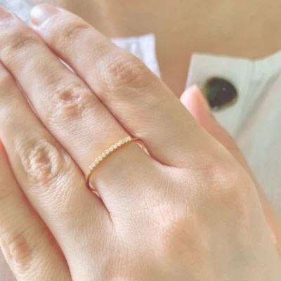 Natural Diamond Studded Ring 14K Solid Gold Thin Band Women Mother Day Ring Gift - Image 1 of 4