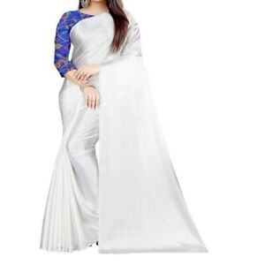 Solid Satin Silk Saree Women Bollywood Indian Sari Unstitched Blouse Party Dress