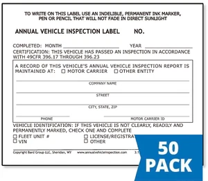 PACK 50. Etiqueta de inspección anual de vehículos vinilo de 2 capas con Mylar. FMCSA DOT Compl - Imagen 1 de 6