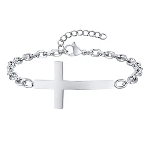 Mens Cross Bracelets Rolo Link Chain Wristband Christ Faith Stainless Steel - Picture 1 of 9