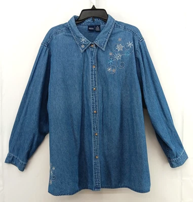 Basic Editions Shirt/Jacket Women Size 3X Blue Lightweight Denim Embroidered Top - Image 1 of 4