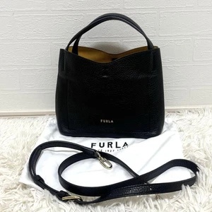 Furla Primula 2Way Shoulder Bag Black Arch Logo Adjustable Width Used Japan - Picture 1 of 15