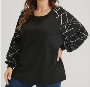 Felpa girocollo BLOOMCHIC nera geometrica manica raglan 1X NUOVA - Foto 1 di 9
