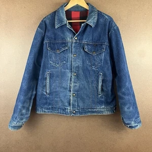 VTG 80s Faded Key Jean Jacket w/ Gusset Sleeves Buffalo Plaid Lining Med Patina - Picture 1 of 12