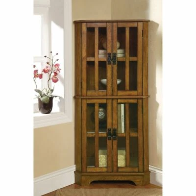 Oak Finish Wooden Corner Curio Cabinet Glass Doors Display Shelves Storage Case - Image 1 of 2