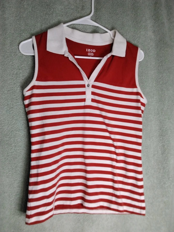Camisa Polo Izod Para Mujer Talla M Rojo Blanco Rayas Sin Mangas Pullover Top Cuello en V Foto 1 de 4