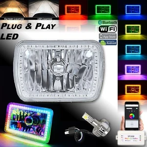 (1) 7x6" Bluetooth RGB SMD Color Chasing Halo Headlight w/ H4 360° LED Bulb EACH - Picture 1 of 12