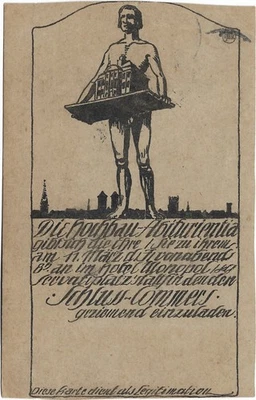 MÜNSTER i.W., Hochbau-Abiturientia, Einladung Schluss-Commers, beschädigt, 1912 - Bild 1 von 2