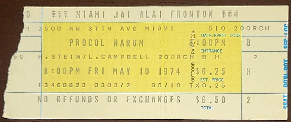 Procol Harum and Dave Mason 1974 Concert Ticket  Miami Jai-Alai Fronton - Image 1 of 1
