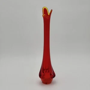 Vtg MCM Viking Glass Ruby Red 15" Tall Swung Vase Art Yellow Lip Accent Decor - Picture 1 of 7
