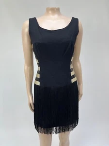Vintage 80's Unbranded Womens Dress Fringe Formal party Black Stripe Sheath E28 - Picture 1 of 10