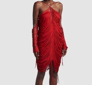 $4800 Bottega Veneta Women's Red Shiny Viscose Fringe Knit Mini Dress Size S - Picture 1 of 7