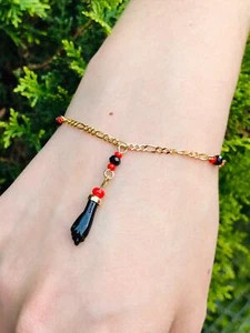 Pulsera de Oro Laminado con Azabache Para Buena Suerte, Bracelet Good Luck 7.5" - Picture 1 of 4