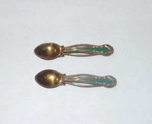 Spoon Hair Clip Barrette Set Gold-Toned Green Enamel 2.5" L Vintage 1940s - Picture 1 of 3