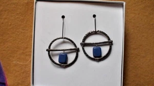 Hammered Style Silver Tone Hoop Earrings with Blue Stone - Picture 1 of 4