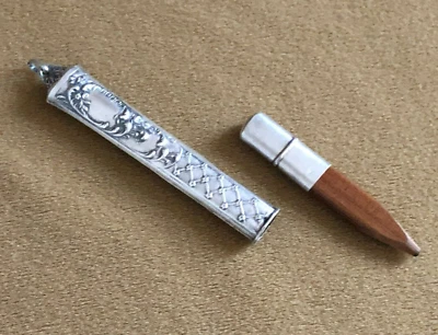 Ancien étui crayon de voyage argent massif Chatelaine Nécessaire Décor Rocaille - Photo 1/4