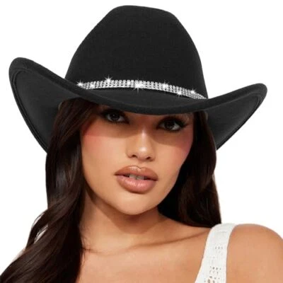 Classic Felt-Western-Cowboy-Cowgirl-Hats for Women Large Black With Rhinestone - Image 1 of 4