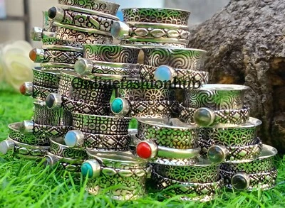 Lote de anéis giratórios de meditação folheados a prata 925 com pedra preciosa e pedra preciosa da lua - Imagem 1 de 3