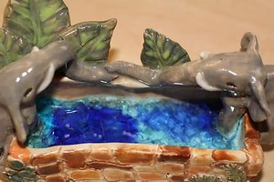 US Handmade ceramic elephants with glass water desk catch all catcher holder  - Picture 1 of 1