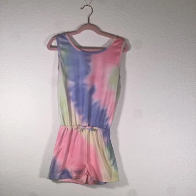 Neon Pink Blue Girls Size 5 Colorful Tie Dye Sleeveless Summer Play Romper - Image 1 of 4