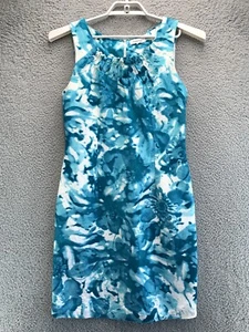 Calvin Klein Dress Womens 8 Blue White Tie Dye Linen Blend Sheath Sleeveless - Picture 1 of 13