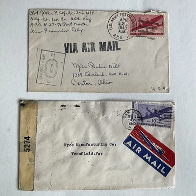 Lot~2 US air mail stamps~1943 WWII covers~1941 #C25 6c twin motor plane+#C27 10c - Image 1 of 4