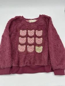 Btween Girls Crew Neck Cat Design Sweatshirt Sherpa 4T Pink Gold Sequins Twins - Picture 1 of 8