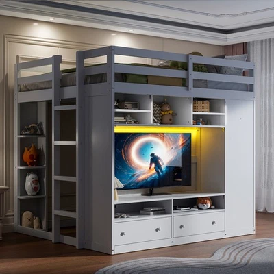 Full size Bed Frame Wood Loft Bed with Drawers, Shelves & Light for Bedroom - Image 1 of 4