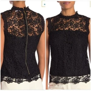 Nanette Lepore Anthropologie Lace Mock Neck Top L Navy Blue - Picture 1 of 11
