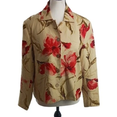 Coldwater Creek Button Down Jacket Shacket Red Floral Tan Silk Size S Petite - Image 1 of 4