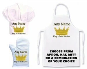 PERSONALISED KING OF THE KITCHEN APRON,CHEFS HAT, OVEN MITT SINGLE / CREATE SET - Picture 1 of 7