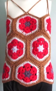 New Handmade Crochet Size L (36 Inches) Brown African Flower Hexagon Blouse Tops - Picture 1 of 5