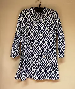 Brook Brothers Women's 3/4 Sleeve Blouse Large Notched Neck Cotton Geo Blue Top - Picture 1 of 8