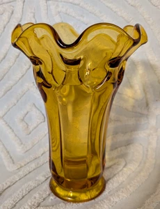 Vtg Viking Glass Epic Rare Amber Yellow Double Ruffled Edge Pinched Swung Vase - Picture 1 of 11