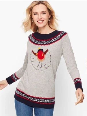Talbots Holiday Bird Fair Isle Gray Lambswool Sweater Navy Christmas L Novelty - Image 1 of 4