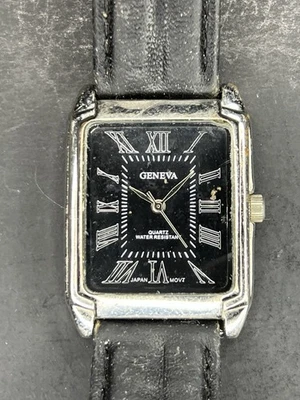 Geneva Mujer 32mm Plata Tanque BATERÍA NUEVA Esfera Negra Correa Cuero Negro (469) Foto 1 de 4