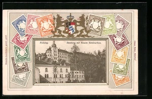 Präge-AK Freising, Domberg mit Neuem Seminarbau, Briefmarken, Wappen - Picture 1 of 2
